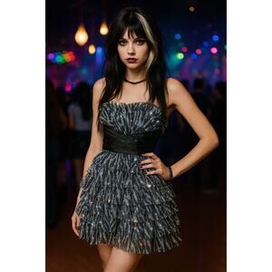 VTG Y2K sparkling zebra print strapless formal dress mini tulle M/L Emo Scene